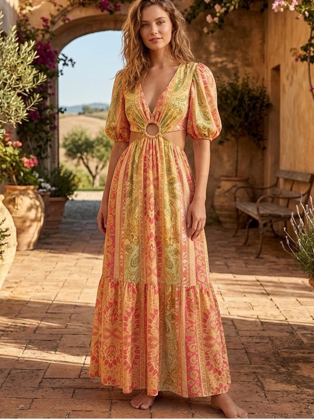 Flying Tomata Bohemian Cutout Maxi Dress in Coral and Yellow size Small